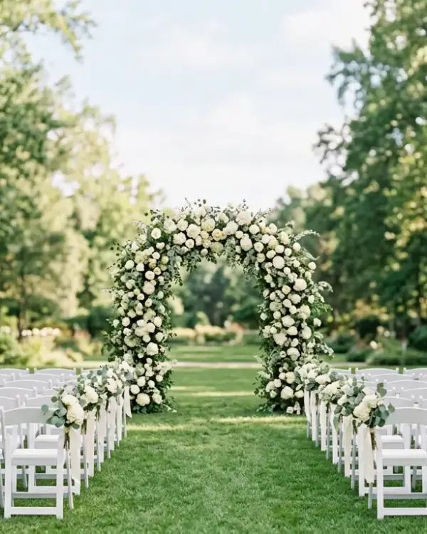 Arco de flores blancas en un jardín preparado para una ceremonia