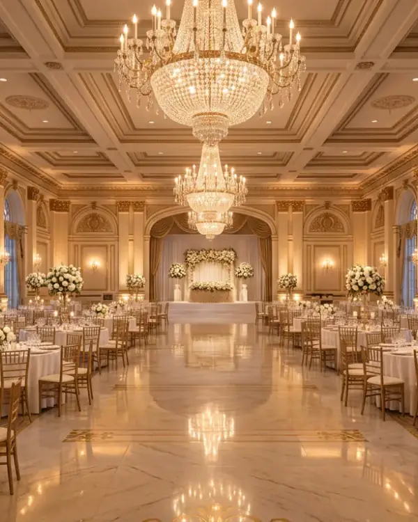 Salón de fiestas con arañas de cristal y mesas puestas