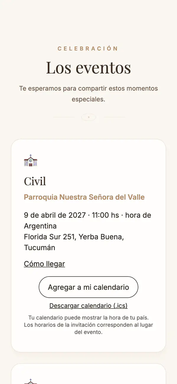 Agenda del evento con lugar, horario, botón Cómo llegar y Agregar a mi calendario